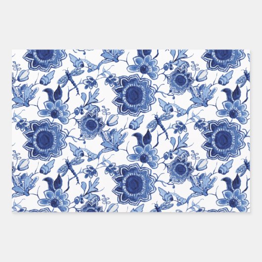 Floral Chinoiserie Blauw en Wit Aziatische Decoupa Inpakpapier Vel (Voorkant 2)
