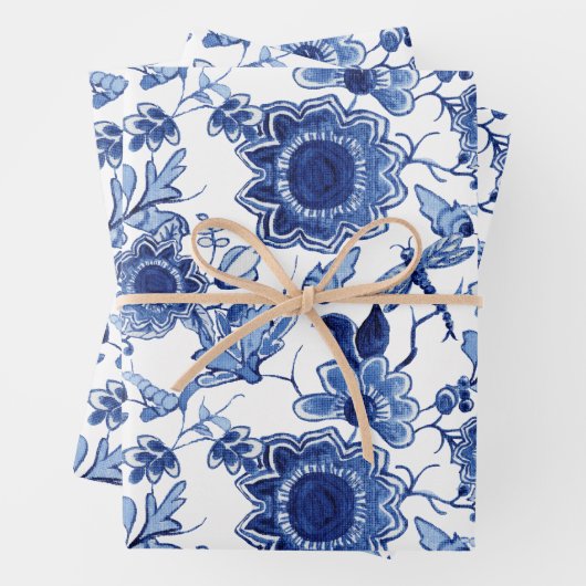 Floral Chinoiserie Blauw en Wit Aziatische Decoupa Inpakpapier Vel (In situ)