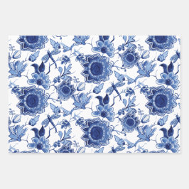Floral Chinoiserie Blauw en Wit Aziatische Decoupa Inpakpapier Vel