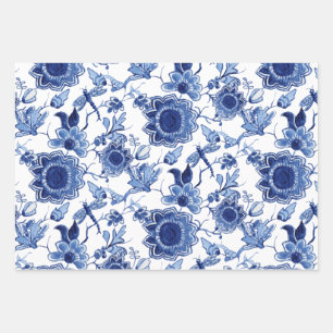 Floral Chinoiserie Blauw en Wit Aziatische Decoupa Inpakpapier Vel