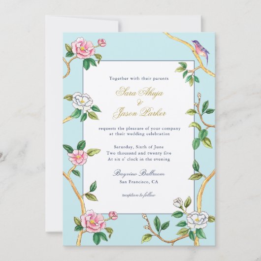 Floral Chinoiserie Blue & White Wedding Kaart (Voorkant)