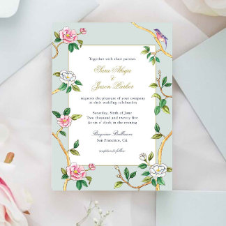 Floral Chinoiserie Gray Blue Wedding Invitation Kaart