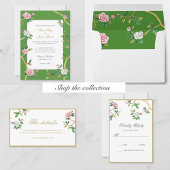 Floral Chinoiserie Green & Gold Lijst Wedding Kaart