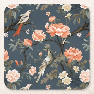 Floral Chinoiserie op Denim Blue Kartonnen Onderzetters