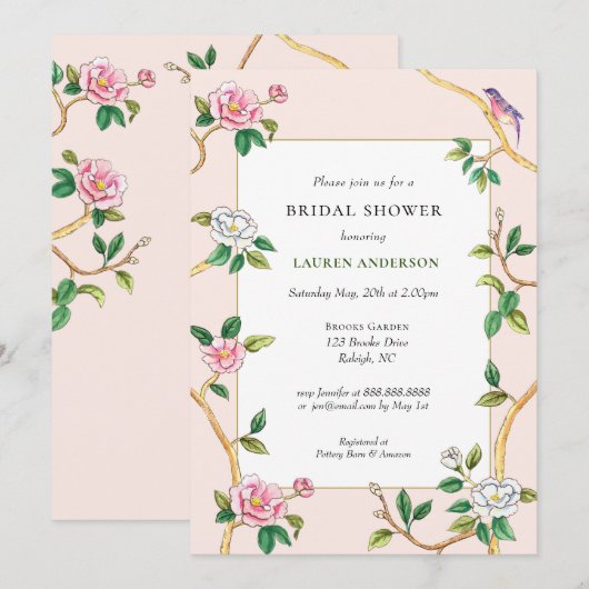 Floral Chinoiserie Pink Bridal Shower Kaart (Voorkant / Achterkant)