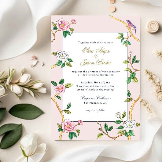Floral Chinoiserie Pink & White Wedding Kaart