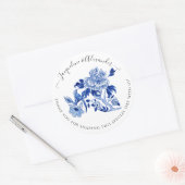 Floral Chinoiserie Vogelblad Blauw Wit Bruiloft Ronde Sticker (Envelop)
