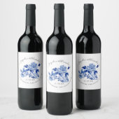 Floral Chinoiserie Vogelblad Blauw Wit Bruiloft Wijn Etiket (Flessen)
