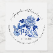 Floral Chinoiserie Vogelblad Blauw Wit Bruiloft Wijn Etiket (Enkel label)