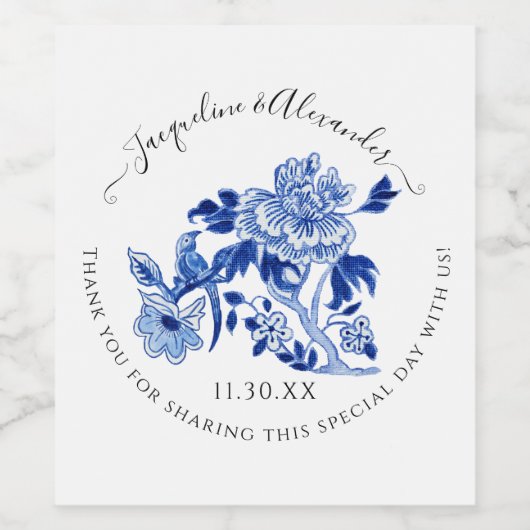 Floral Chinoiserie Vogelblad Blauw Wit Bruiloft Wijn Etiket (Enkel label)