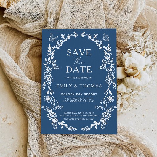 Floral Chinoiserie Wedding Save the Date Kaart