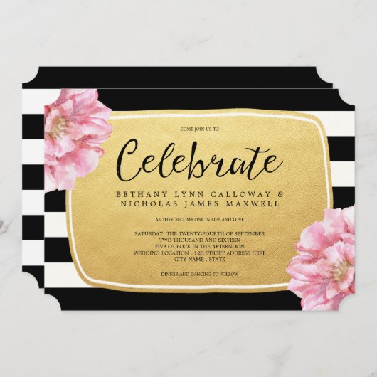 Floral chique bruiloft uitnodiging / goud (Voorkant / Achterkant)