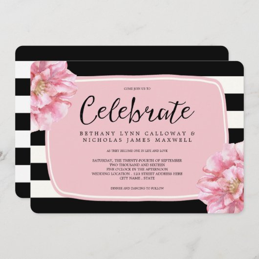 Floral chique bruiloft uitnodiging / roze (Voorkant / Achterkant)