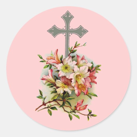 Floral Christelijk Cross Ronde Sticker (Voorkant)
