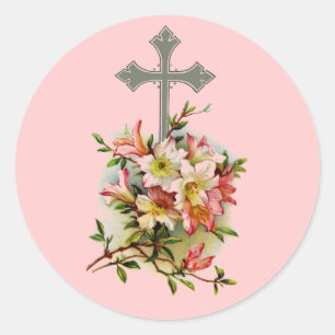 Floral Christelijk Cross Ronde Sticker