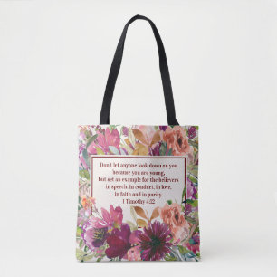 Floral Christelijke Bijbel in de Waterverf Burgund Tote Bag