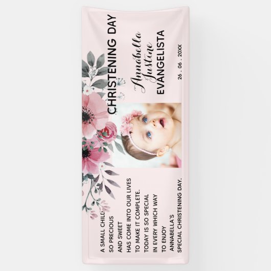 Floral CHRISTENING DAG Zacht roze/grijze evenement Spandoek (Verticaal)