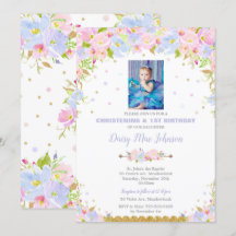 Floral Christening Invitations 1st Birthday Girl