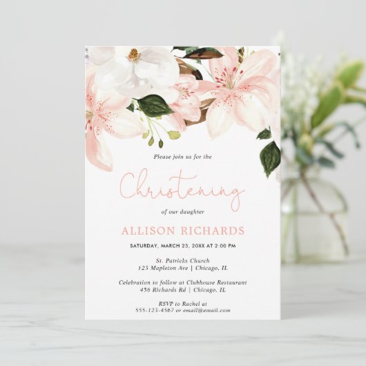 Floral Christening leugens blush roze witte groene Kaart (Staand voorkant)