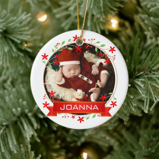 Floral Christmas Baby's First Christmas Photo Keramisch Ornament (Boom)