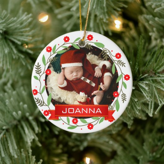 Floral Christmas Baby's First Christmas Photo Keramisch Ornament (Boom)