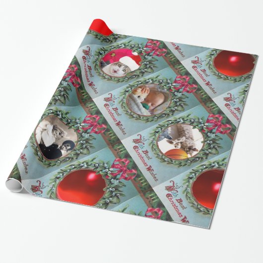 FLORAL CHRISTMAS CROWN, RED RIBBON FOTO TEMPLATE CADEAUPAPIER (Uitgerold)