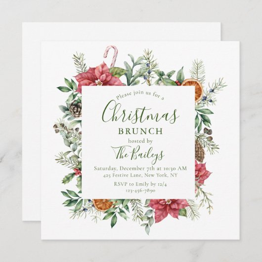 Floral Christmas Holiday Lijst | Kerstbrunch Kaart (Voorkant / Achterkant)