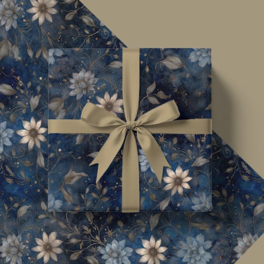 Floral Christmas Midnight Blue and Cream Gift Cadeaupapier