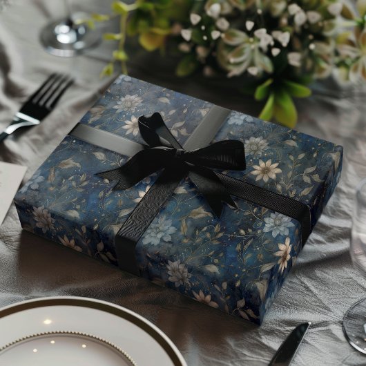 Floral Christmas Midnight Blue and Cream Gift Inpakpapier Vel
