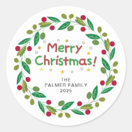 Floral Christmas Wreath familienaam Ronde Sticker