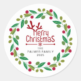 Floral Christmas Wreath familienaam Ronde Sticker