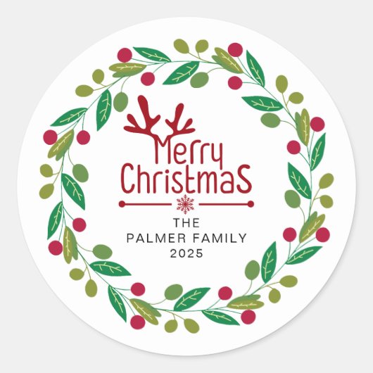 Floral Christmas Wreath familienaam Ronde Sticker (Voorkant)