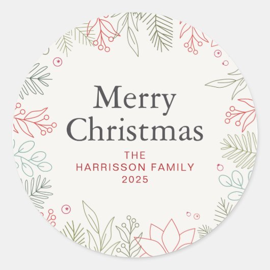 Floral Christmas Wreath familienaam Ronde Sticker (Voorkant)