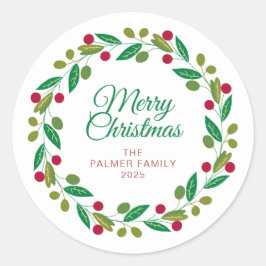 Floral Christmas Wreath familienaam Ronde Sticker