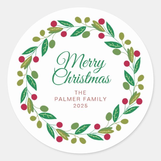 Floral Christmas Wreath familienaam Ronde Sticker (Voorkant)