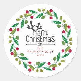 Floral Christmas Wreath familienaam Ronde Sticker
