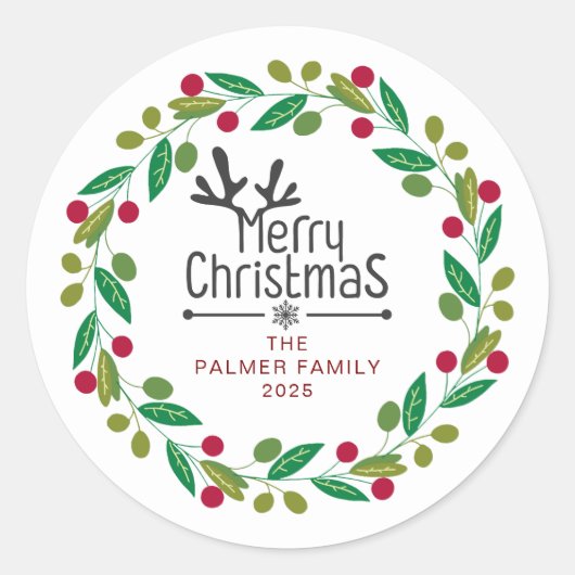 Floral Christmas Wreath familienaam Ronde Sticker (Voorkant)
