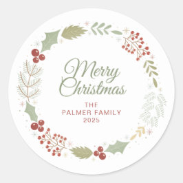 Floral Christmas Wreath familienaam Ronde Sticker