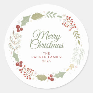 Floral Christmas Wreath familienaam Ronde Sticker