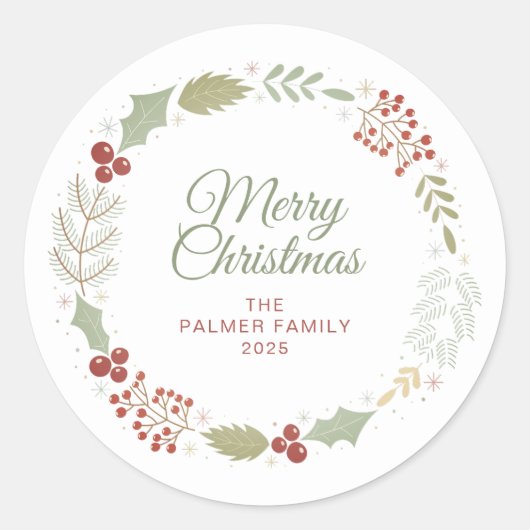 Floral Christmas Wreath familienaam Ronde Sticker (Voorkant)