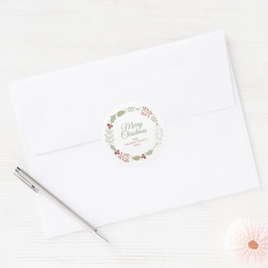 Floral Christmas Wreath familienaam Ronde Sticker (Envelop)