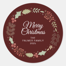 Floral Christmas Wreath familienaam Ronde Sticker