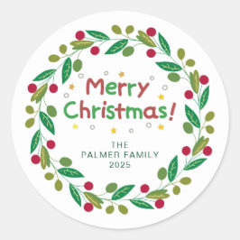 Floral Christmas Wreath familienaam Ronde Sticker