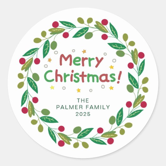 Floral Christmas Wreath familienaam Ronde Sticker (Voorkant)