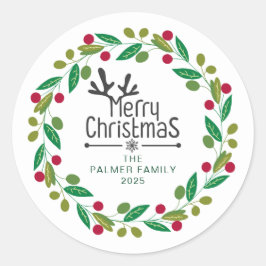 Floral Christmas Wreath familienaam Ronde Sticker