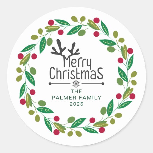 Floral Christmas Wreath familienaam Ronde Sticker (Voorkant)