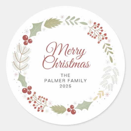 Floral Christmas Wreath familienaam Ronde Sticker (Voorkant)