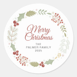 Floral Christmas Wreath familienaam Ronde Sticker