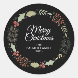 Floral Christmas Wreath familienaam Ronde Sticker