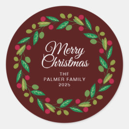 Floral Christmas Wreath familienaam Ronde Sticker